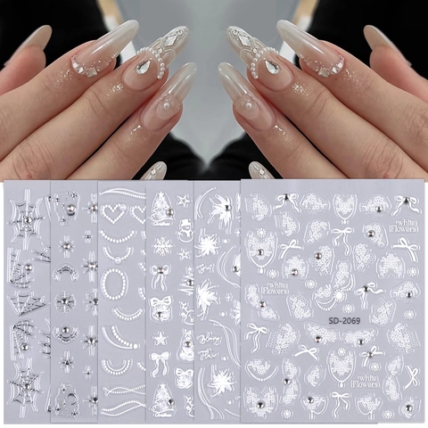 5D Relief Nagelkunst Aufkleber Weiße Spitze Blume Strass Selbstklebend Geprägte Maniküre Dekor Für Frauen