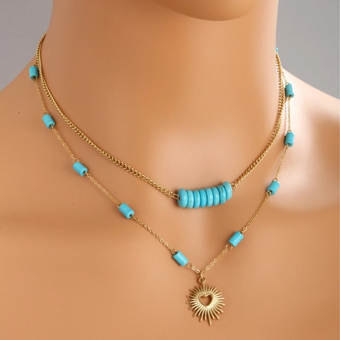 Collar De Doble Capa Bohemio Acero Inoxidable Chapado En Oro Turquesa Sintética Corazón Sol Cruz Colgante Para Mujer