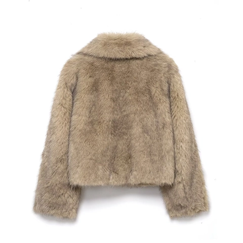 Faux Fur Short Coat Lapel Collar Long Sleeve Warm Winter Jacket Fashion Casual Solid Color Women