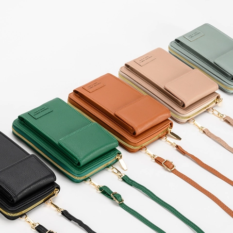 Bolso Bandolera Para Teléfono Móvil Mujer De Cuero PU Con Cremallera Ranuras Para Tarjetas Correa Ajustable Estilo Urbano Simple