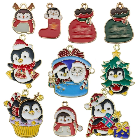 Alloy Enamel Christmas Penguin Pendants For Jewelry Making Santa Claus Tree Stocking Charms DIY Earrings Necklaces Keychains