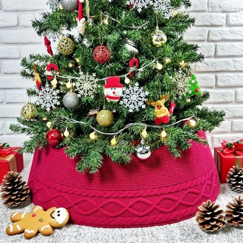 Christmas Tree Collar Knitted Polyester Cable Knit Texture Holiday Home Decoration Party Base Cover Reusable
