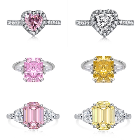 Luxury 925 Sterling Silver Radiant Cut Rhinestone Engagement Ring For Women Sparkling Pink Yellow White Gemstone Rings Jewelry Gift