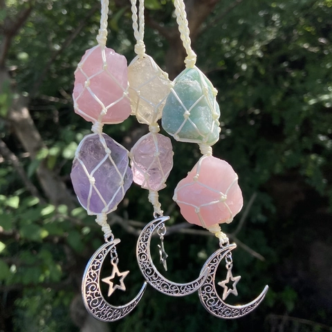 Ornement À Suspendre En Pierre Brute Naturelle Améthyste Quartz Rose Fait Main Bohème Décoration De Voiture Fenêtre Alliage Lune Étoile