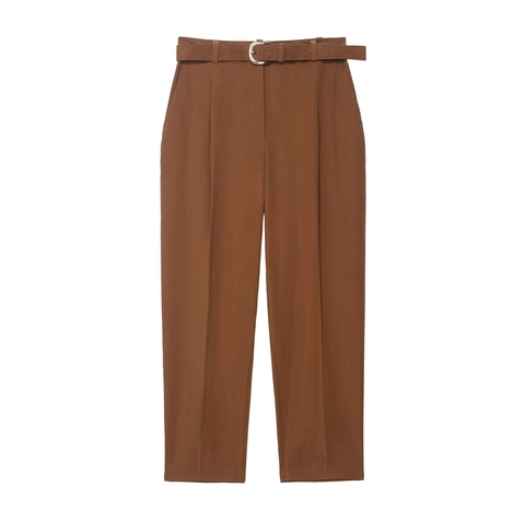Pantaloni Vita Alta Donna Con Cintura Pieghe Poliestere Ufficio Casual Caramello Eleganti