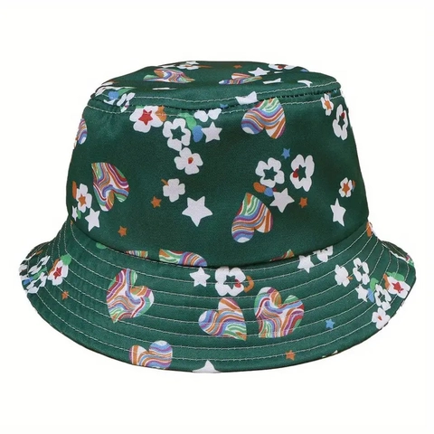 Women Men Casual Printed Bucket Hat Sun Protection Heart Flower Pattern Foldable Outdoor Fisherman Hat Daily Sunshade Accessory