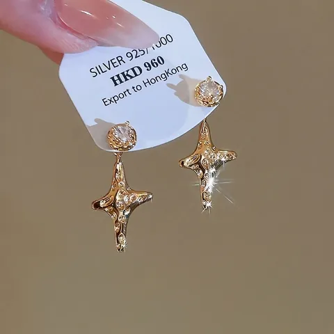 Stern Ohrstecker Mit Zirkonia Gehammerte Textur Vergoldet Silver Earring Post Chic Schmuck Damen