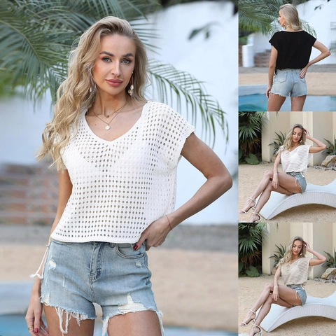 Top Da Spiaggia Donna Uncinetto Maglia Scollo A V Coulisse Allentato Vacanze Estive Boho Colore Solido