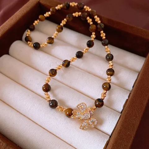 Tiger Eye Beaded Necklace With Gold Plated Copper Bowknot Pendant Zircon Inlaid Vintage Maillard Style For Women