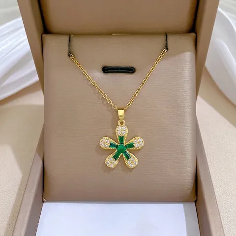 Flower Pendant Necklace Gold Plated Titanium Steel Chain And Copper With Green Square Gemstone White Rhinestones Women