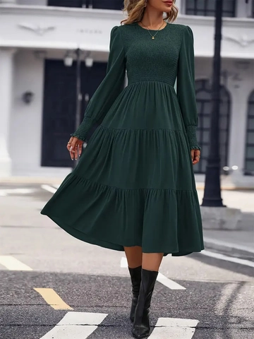 Dames Jurk Lange Mouwen Gesmokt Gelaagde Midi Polyester Elegant Ronde Hals Effen Groen Kantoor Woonwerk