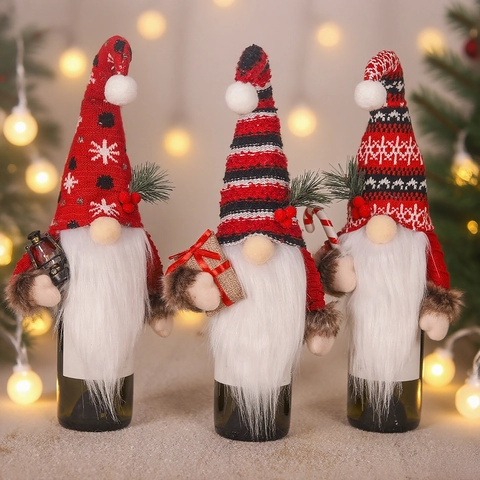 Weihnachtsgnom Weinflaschenhülle Gestrickte Dekoration Urlaubsdeko Kunstfellbart Zuckerstange Geschenkbox Lampe Ornament
