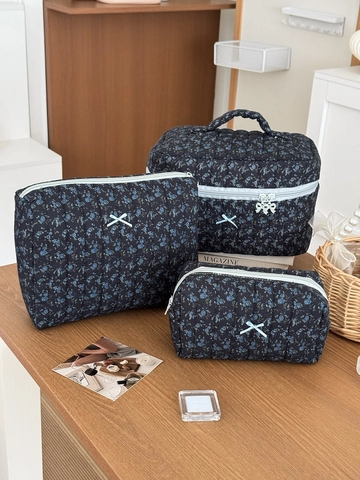 Borsa Per Trucco Trapuntata Floreale In Cotone Portatile Grande Capacità Organizzatore Per Toilette Con Fiocco Per Viaggi