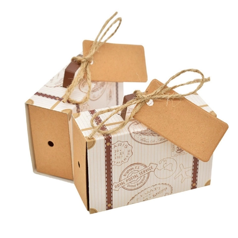 Mini Suitcase Gift Box Vintage Kraft Paper Candy Box With Jute Rope And Tag For Wedding Party Favor Travel Theme