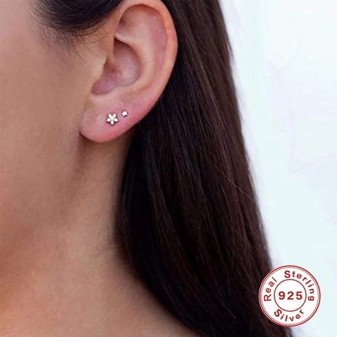 925 Sterling Silver Stud Earrings Set For Women Fashion Rhinestone Star Round Geometric Small Ear Studs Jewelry Gift
