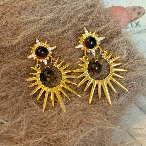 Orecchini Pendenti Stella Solare Lega Dorata Pietra Occhio Di Tigre Zircone Stile Maillard Vintage Perno In Argento