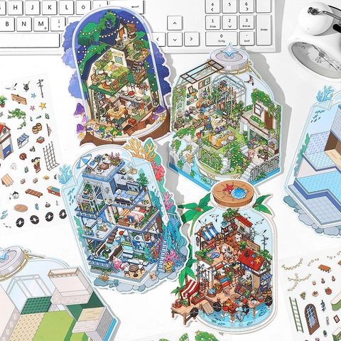Deko Szene Aufkleber Isometrisch DIY Scrapbooking Journaling Material PET Aufkleber Und Hintergrundkarte Mikro Landschaft Garten Meer Thema
