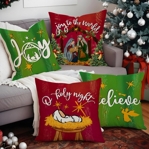 Fundas De Cojín De Navidad Escena Del Nacimiento Religioso Lino Impresión Alegría Creer Decoración Festiva Para Sofá Funda Cuadrada