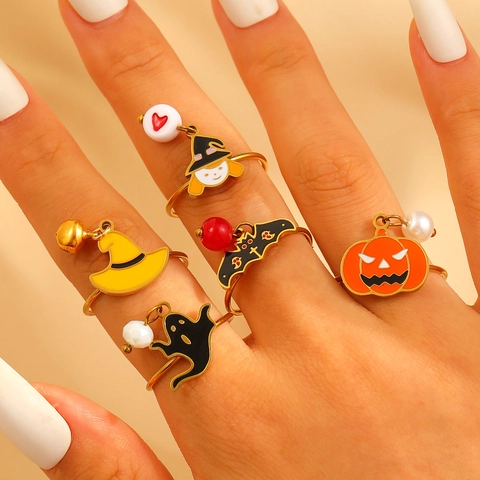 Roestvrij Staal Halloween Open Ring Voor Vrouwen Verstelbaar Emaille Pompoen Geest Vleermuis Heksenhoed Kunstparel Vingerring