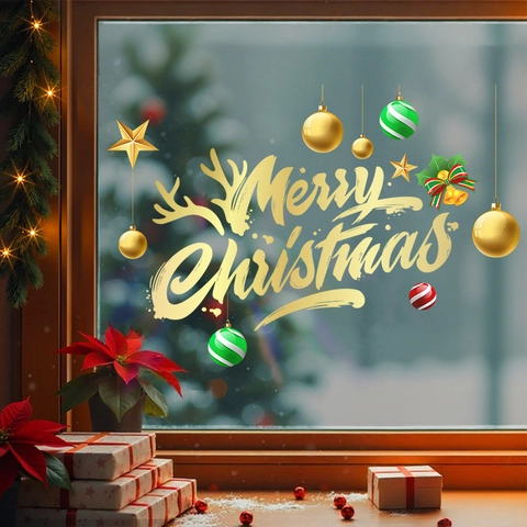 Christmas Window Stickers Static Clings PVC Double Sided Merry Christmas Gold Baubles Star Glass Decor Festive Showcase