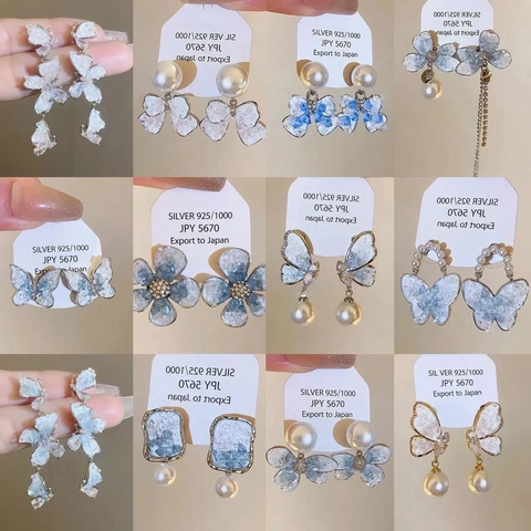 Butterfly Flower Dangle Stud Earrings With 925 Sterling Silver Earring Post Gradient Blue Glass Artificial Pearl For Women Jewelry