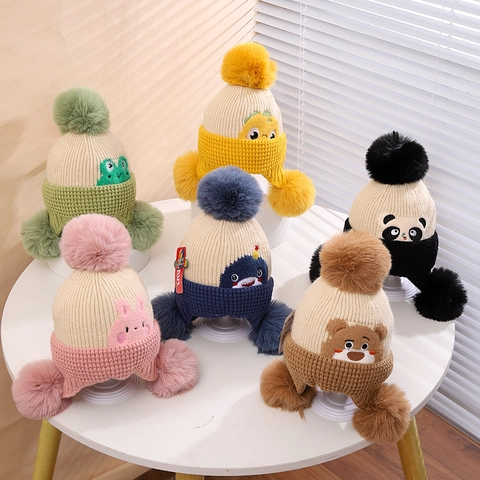 Cappello In Maglia Invernale Per Bambini Con Paraorecchie Acrilico Caldo Antivento Con Pompon E Motivo Animali