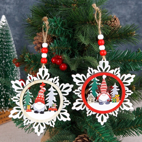 Christmas Tree Hanging Ornaments Wooden Snowflake Gnome Decoration Rustic Holiday Home Party Supplies Multi Layer Design