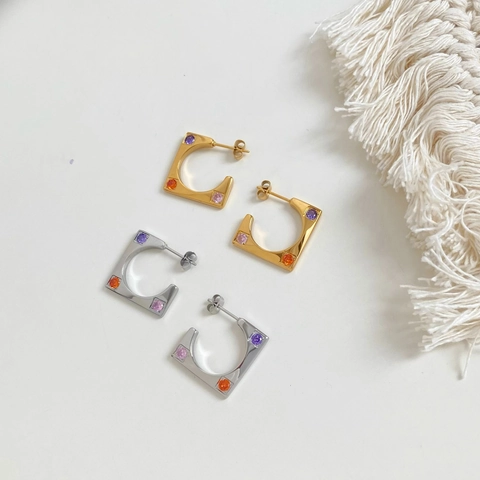 Stainless Steel Geometric Square Hoop Earrings With Colorful Cubic Zirconia Minimalist Unique Jewelry For Women