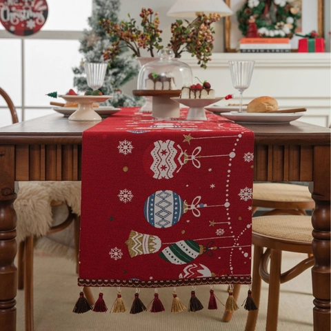 Weihnachts Tischläufer Jacquard Polyester Festliche Dekoration Für Esstisch Mit Quasten Weihnachtsmann Muster