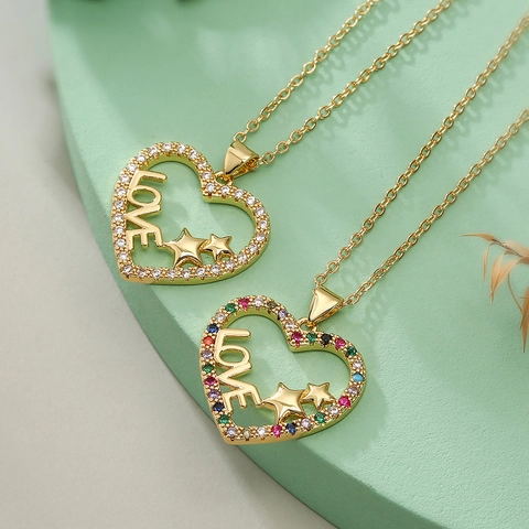 Heart Pendant Necklace Gold Plated Copper LOVE Star Zircon Sparkling Hollow Niche Commuting Jewelry For Women