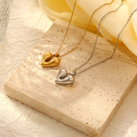 Minimalistische Puffy Hart Hanger Ketting En Roestvrijstalen Hart Oorbellen Chique 18K Vergulde Sieraden Voor Dames
