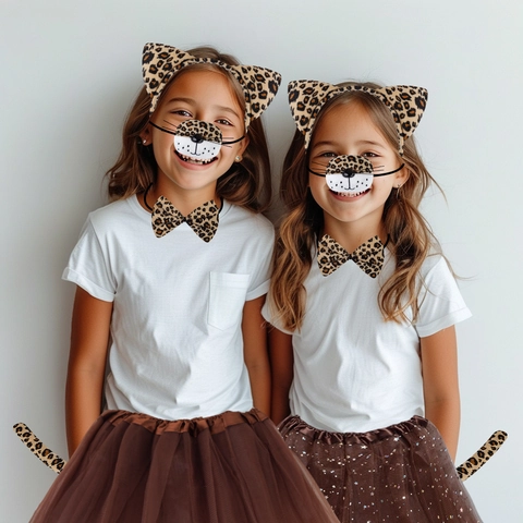 Leopard Print Animal Costume Kids Halloween Masquerade Cosplay Ears Headband Tail Bowtie Tutu Skirt Face Sticker Accessories