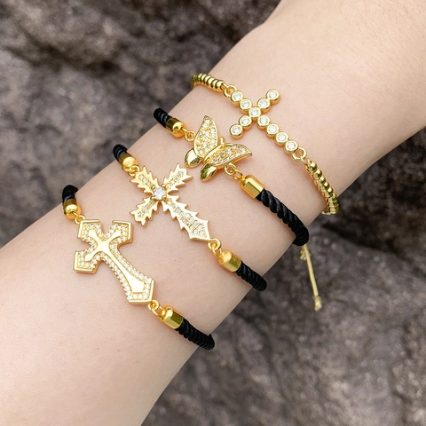Bracciale Con Ciondolo A Croce E Farfalla Rame Zircone Placcato Oro 18K Corda Regolabile Cursore Gioielli Moda Donna Regalo