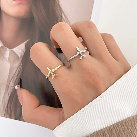 Flugzeug Offener Ring Kupfer Strass Zirkon Verstellbar Minimalistisch Geometrisch Mode Schmuck Für Frauen