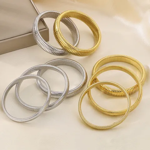 Stainless Steel Tubogas Bangle Elastic Ribbed Texture Stackable Chunky Bracelet Unisex Minimalist Jewelry Gift