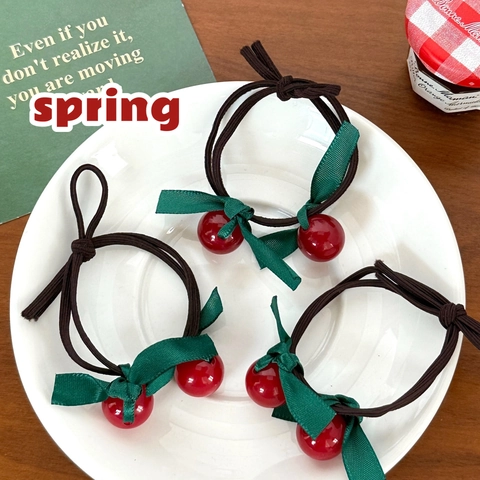 Cherry Bow Hair Ties And Hair Clips For Girls Sweet Fruit Resin Pendant Ribbon Plaid Knot Elastic Headwear Accessory