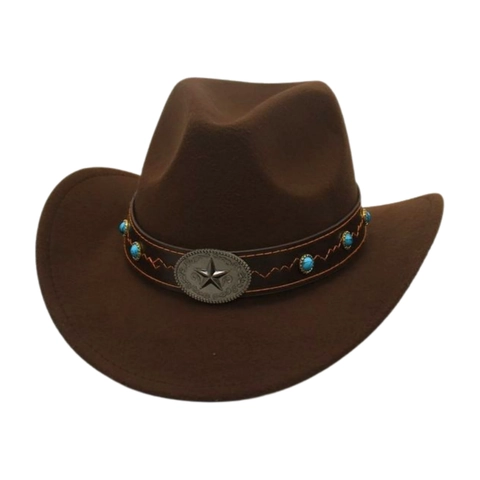 Chapeau De Cowboy Western Feutre Polyester Vintage Bord Large Bande Cuir Perles Turquoise Boucle Étoile Style Ethnique
