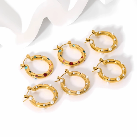 Oorbellen Ringetjes Roestvrij Staal 18K Verguld Gekleurde Strass Kunstparels Vintage Geometrisch Luxe Dames