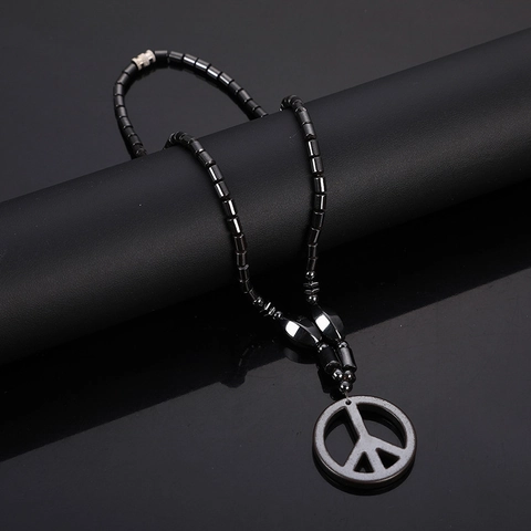 Peace Sign Pendant Necklace Magnetic Hematite Beaded Black Stone Cylinder Beads Retro Punk Jewelry For Men And Women