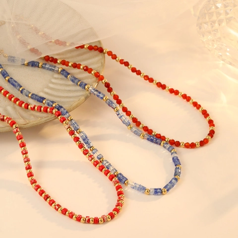 Stainless Steel Beaded Necklace For Women Elegant Red Blue Marble Pattern Adjustable Chain Choker Fashion Jewelry