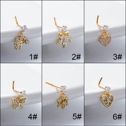 Nose Stud L Shaped Piercing Jewelry Stainless Steel Zircon Pendant Butterfly Heart Flower Tree Of Life For Women Fashion