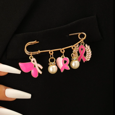 Pink Ribbon Breast Cancer Awareness Safety Pin Brooch For Women Zinc Alloy Rhinestone Artificial Pearl Heart Charm Pin