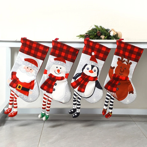 Kerstsokken Buffalo Plaid Stof Lange Gestreepte Benen Cartoon Kerstman Rendier Open Haard Decoratie Cadeauzakjes
