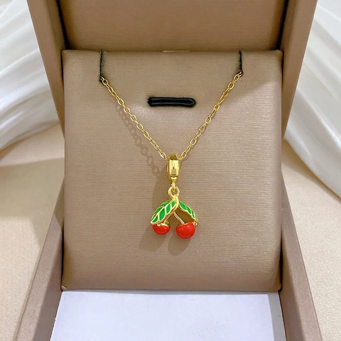 Collana Con Pendente Ciliegia Rossa Catena Acciaio Inossidabile Rame Smalto Frutta Foglia Zircone Intarsiato Gioielli Donna