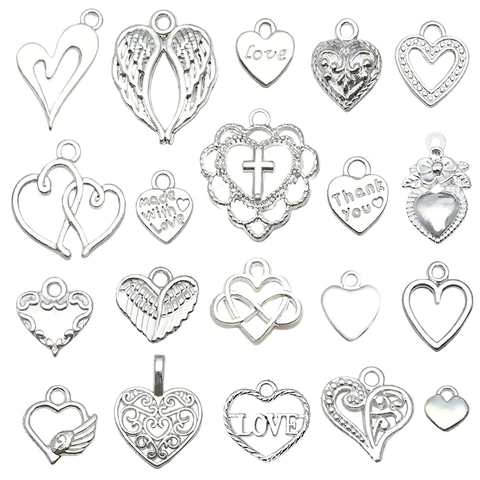 Bright Silver Zinc Alloy Heart Pendants Assorted DIY Jewelry Accessories For Necklace Bracelet Engraved Love Winged Heart Charms Craft Findings
