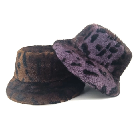 Leopard Print Faux Fur Bucket Hat Winter Warm Fuzzy Plush Basin Hat With Adjustable Ribbon Quilted Lining