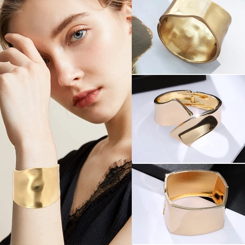 Modern Double Layer Metal Cuff Bracelet For Women Punk Geometric Asymmetric Artificial Pearl Bangle Fashion Statement Hand Jewelry