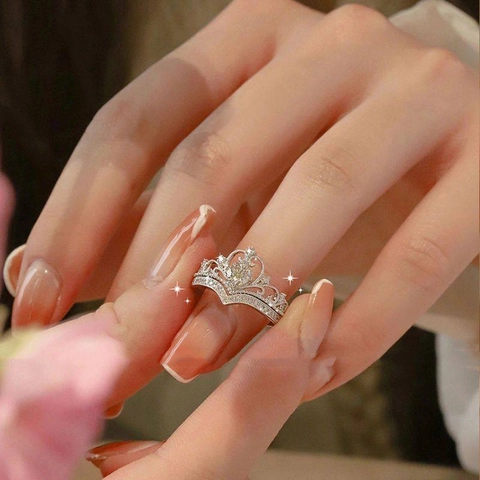 Crown And V Shaped Adjustable Rings Zircon Copper Open Ring Luxury Court Style Elegant Jewelry For Women