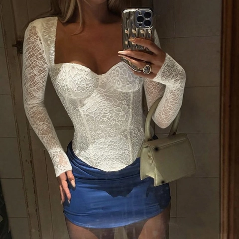 Women Long Sleeve Lace Corset Top Slim Fit Sexy Sheer Fishbone Waist V-Neck Party Streetwear White