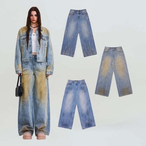 Jeans Da Donna A Gamba Larga Lavaggio Sporco Vintage Pantaloni In Denim Di Cotone Vita Alta Streetwear Retrò